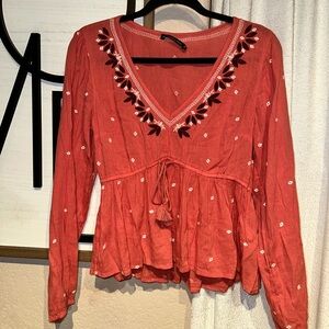 Abercrombie & Fitch embroidered peplum blouse in coral/pink